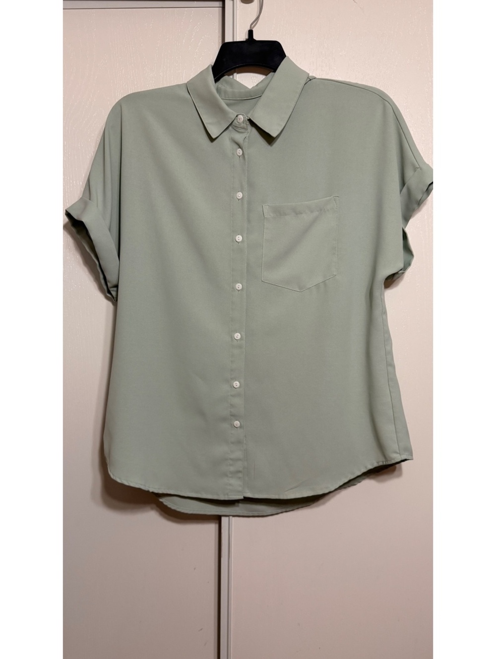 Women’s Light Green Button Front Short Sleeve Blouse XL Polyester Shirt